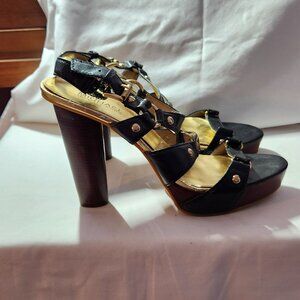 Michael by Michael Kors stacked heel platforms sz 8.5 M black leather well loved